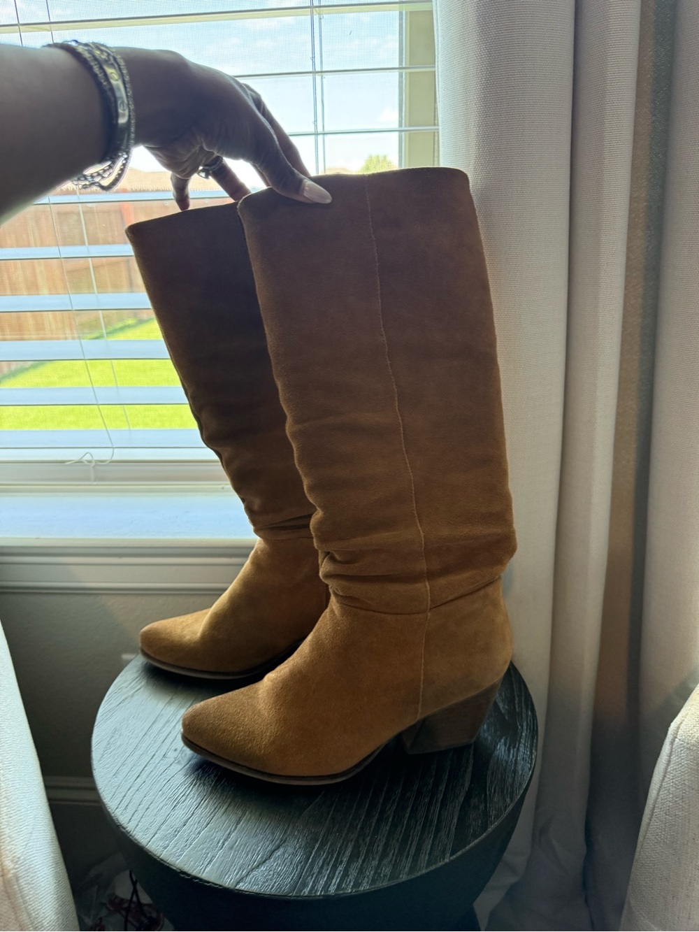 Crown Vintage Tan Suede Knee-High Heeled Boots